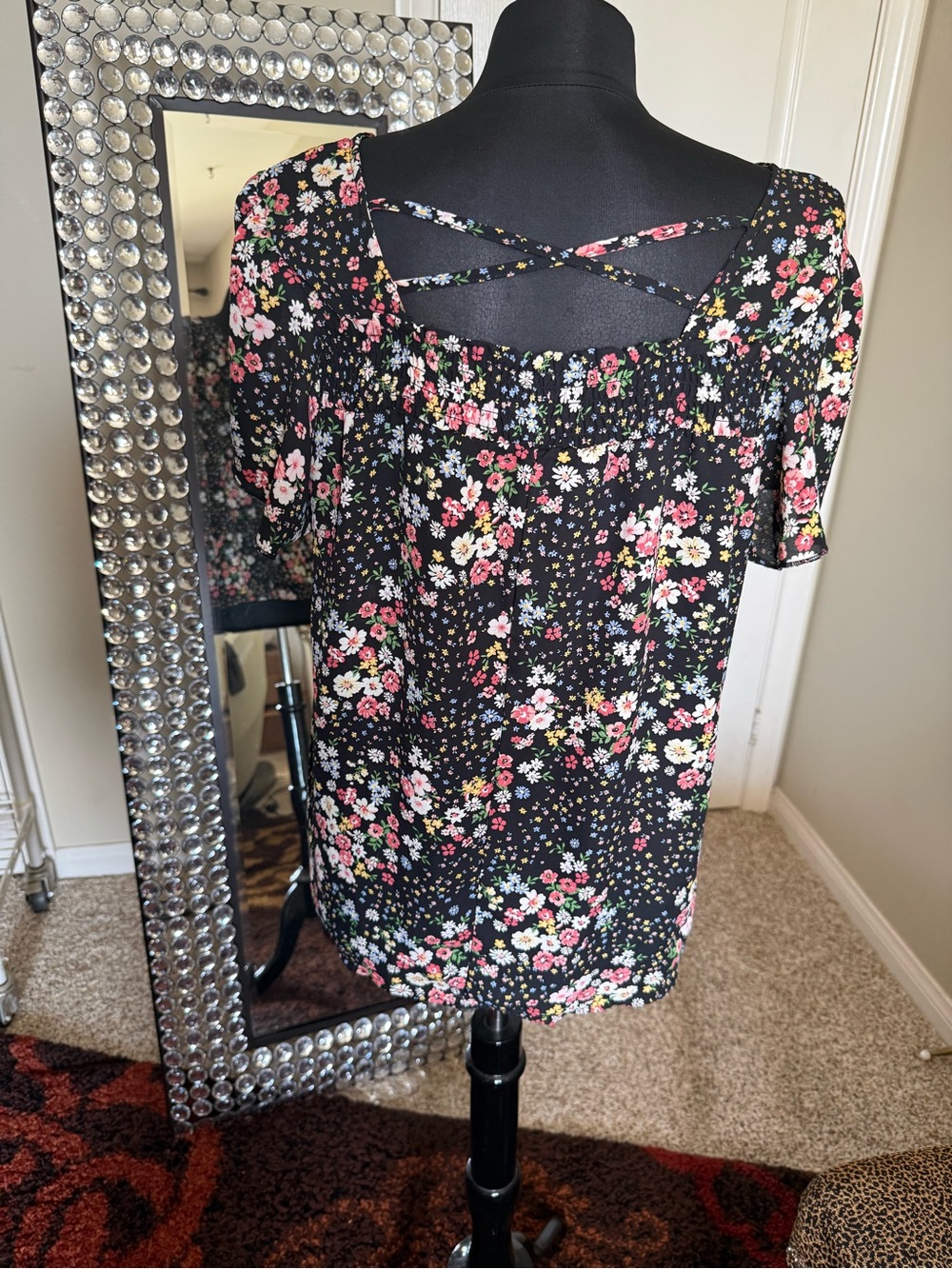 No Boundaries Black Floral Smocked Top with Pink & Yellow Blooms